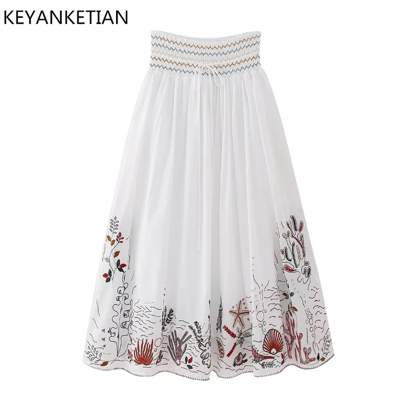 KEYANKETIAN Summer New Flower Embroidery Elastic Waist Long Half Skirt Women's Holiday Style High Waist Embroidered A-Line Skirt