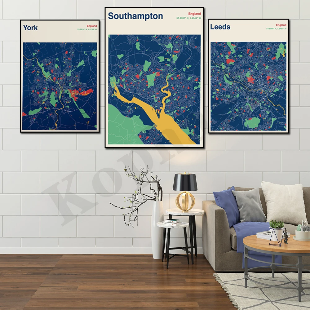 Oxford. Norwich. Bristol. Manchester. Birmingham .Leeds. England City Color Map. Wall Art Deco Poster