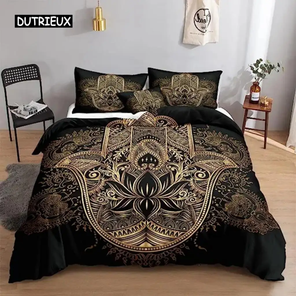 

Black Gold Hamsa Hand Duvet Cover Set Luxury Gold Hand Of Fatima Printed Boho Hippie Bedroom Decorations Quilt Cover Women Men