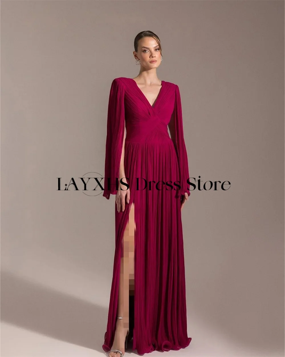 Eleganckie sukienki wieczorowe LAYXHS z dekoltem w serek, linia A, peleryna, rozcięcie boczne, plisy, długość do podłogi, sukienki na studniówkę, szyte na miarę فساتين سهره