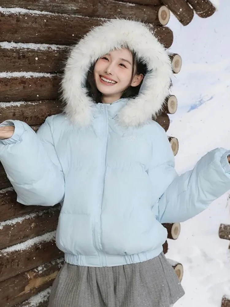

Cute Sweet Blue Parkas Women Korean Preppy Style Long Sleeve Winter Elegant Puffy Coats Casual Hooded Warm Thick Female Jacket