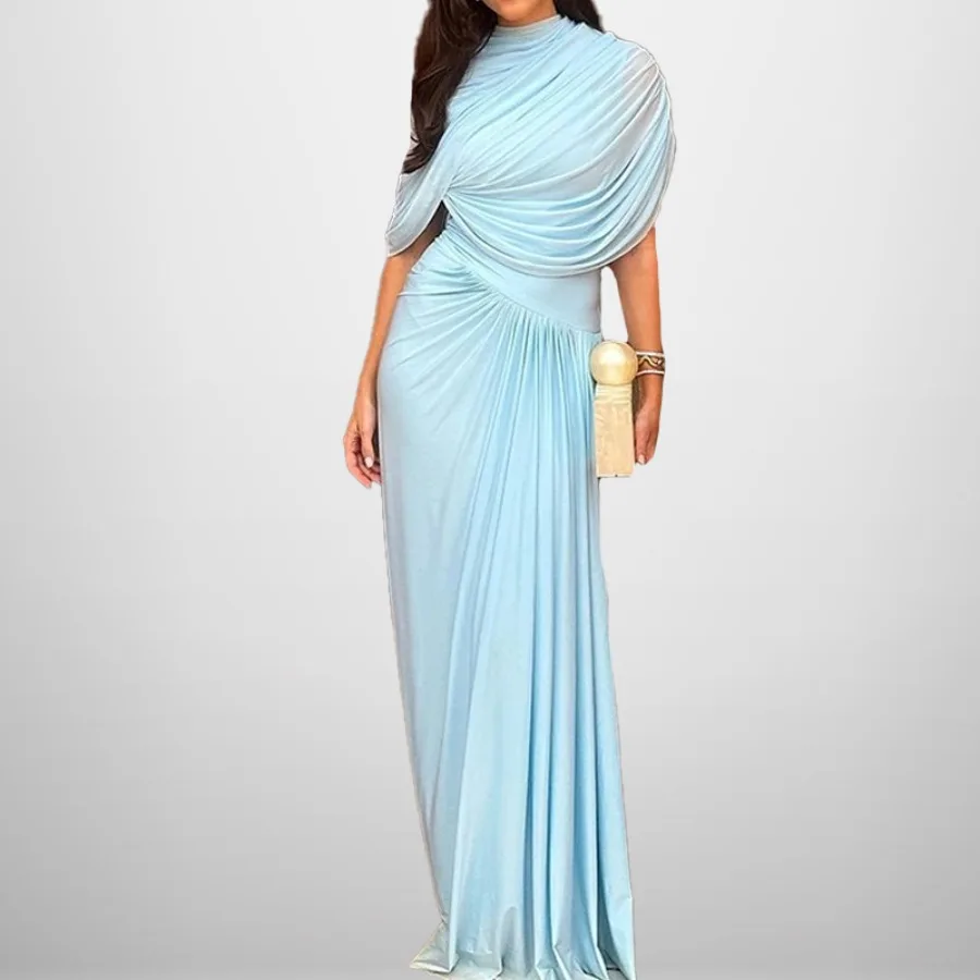 

【New style】2026 - women's clothing Europe and America spring new fashion stand-collar waist pleated elegant dress