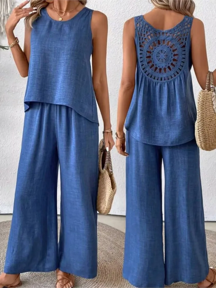 Hollow Out 2 Piece Sets Women Lace Sleeveless Top Wide Leg Pants Set Solid Color New Matching Sets 2 Piece Sets Women New 2026