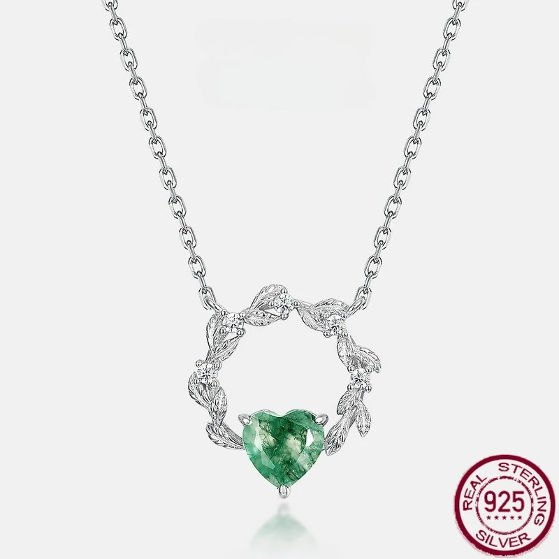 

New S925 Pure Fashion Simple Water Grass Agate Love Wreath Green Moss Necklace Versatile Wedding Jewelry