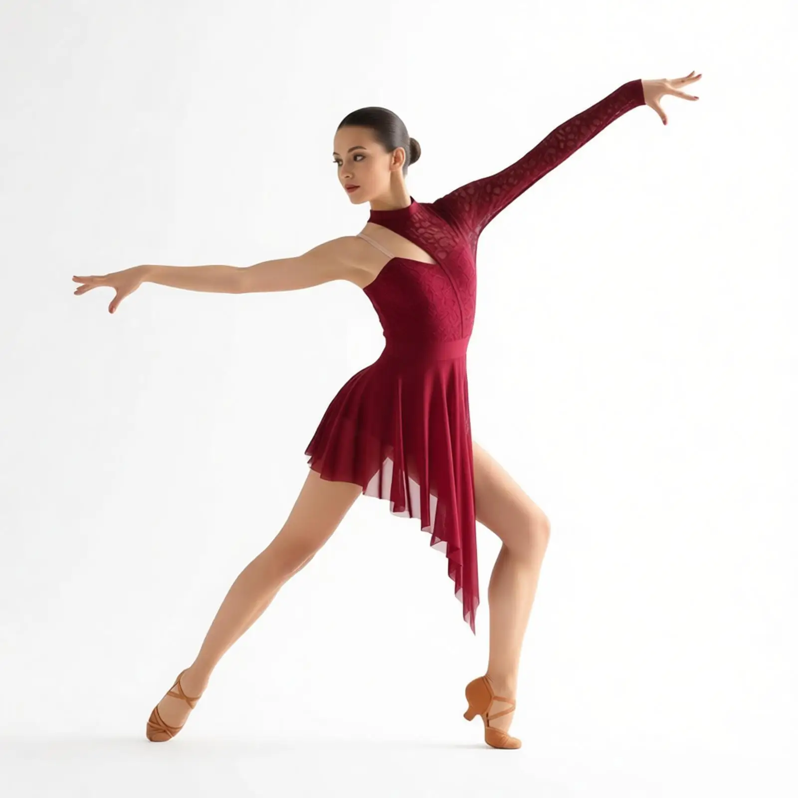 

Women Figure Skating Lyrical Modern Dance Dress Competition Costume lace Mesh Hem Leotards Dress Gymnastic Ballet Dancewear