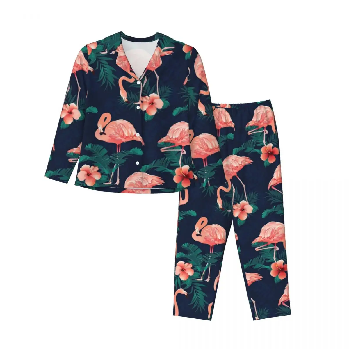 Piyama Flamingo merah muda wanita Hibiscus daun tropis pakaian tidur sehari-hari Kawaii Set piyama desain kebesaran longgar dua potong musim semi