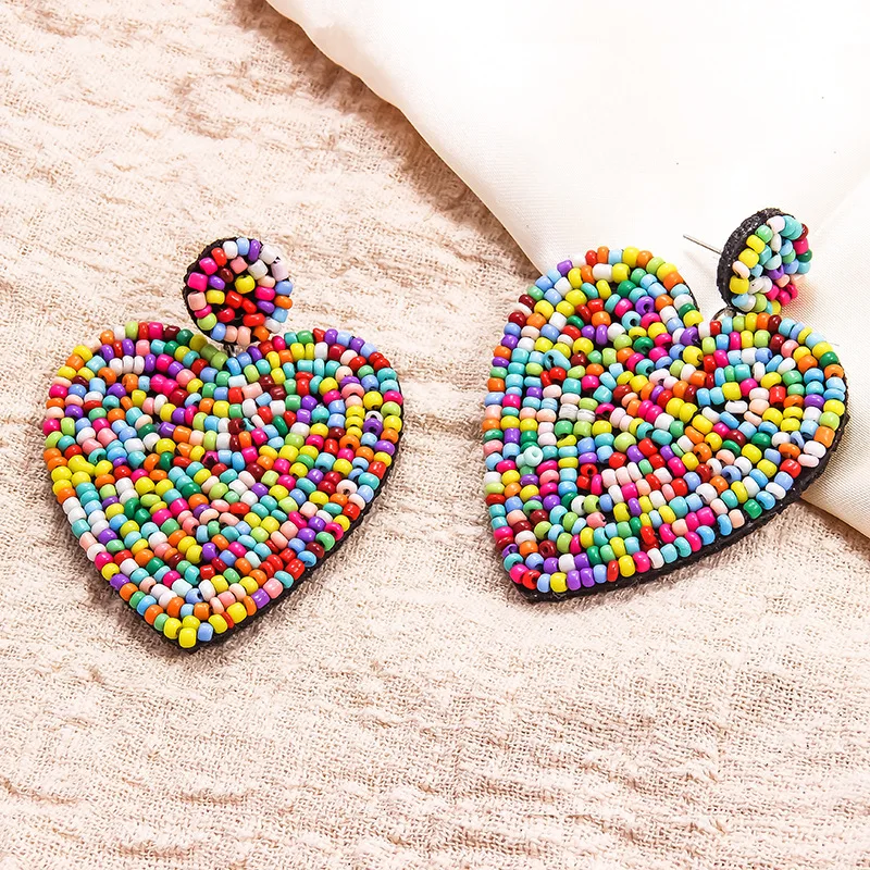 European and American Creative Ethnic Style Earrings Female Colored Heart-shaped Earrings Bohemian Handmade Bead Earrings