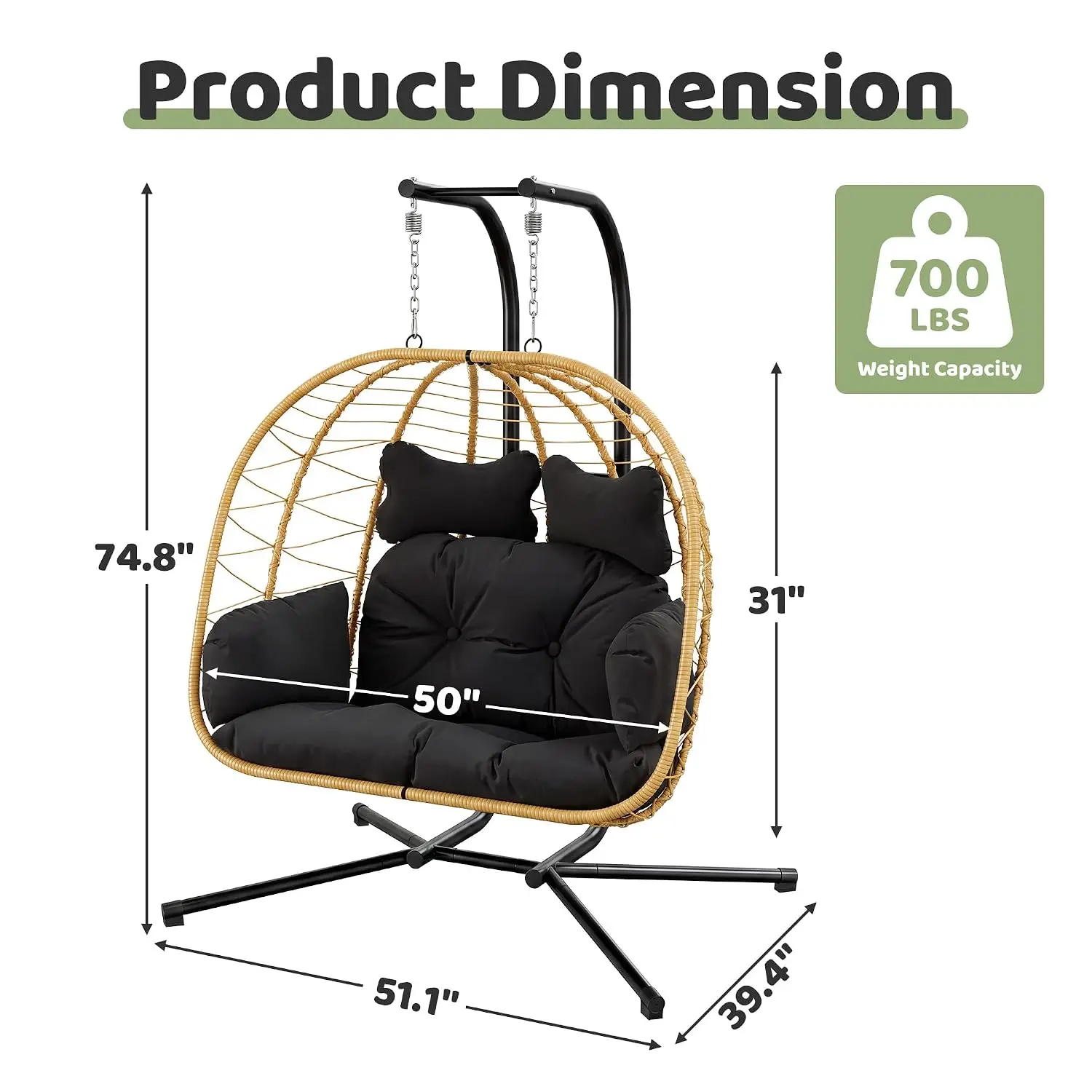 Double Hanging Egg Chair with Stand Swing Chair Removable Cushion 2 Person 700LBS Patio Bedroom Garden Yellow-Black, Customized
