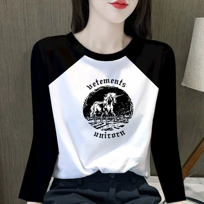 Fashion O-Neck Spliced Printed Letter Casual T-Shirt Female Clothing 2023 Autumn Winter Loose All-match Tops Korean Tee Shirt