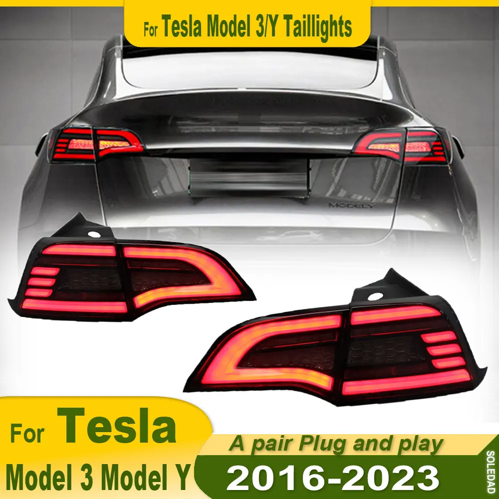 

Автомобильный задний фонарь для Tesla Model 3/Y 2017-2023, обтекаемые светодиодные последовательные поворотники, режим запуска, красные динамические двойные фонари заднего хода