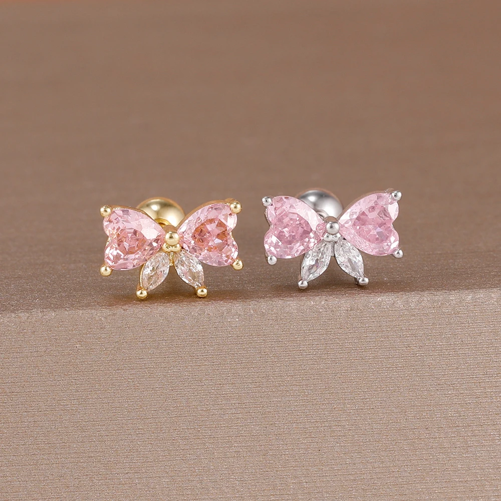 1PC Pink Stainless Steel Zircon Bow Stud Earrings Exquisite Simple Style Elegant Party Accessories Available For All Seasons