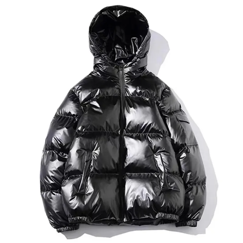 Unisex Glossy Black Jacket Coats Women and Men Parkas Padded Hooded Warm Jackets