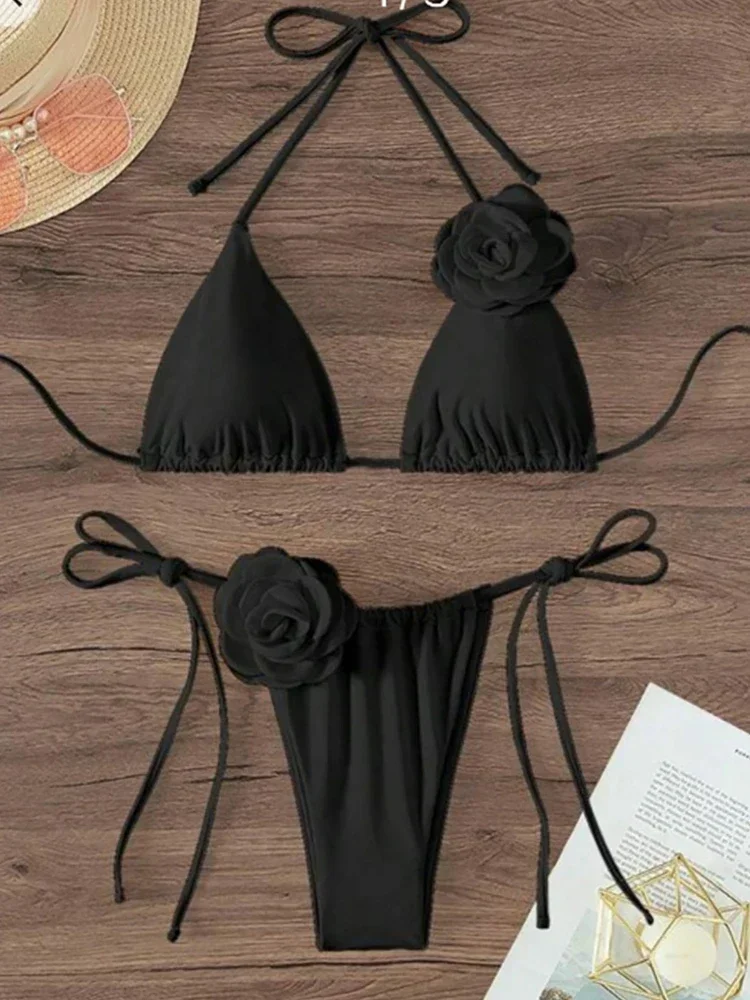 S - XL Sexy 3D Flowers Halter Strappy Bikini Stroje kąpielowe dla kobiet Dwuczęściowy zestaw bikini Strój kąpielowy dla kobiet