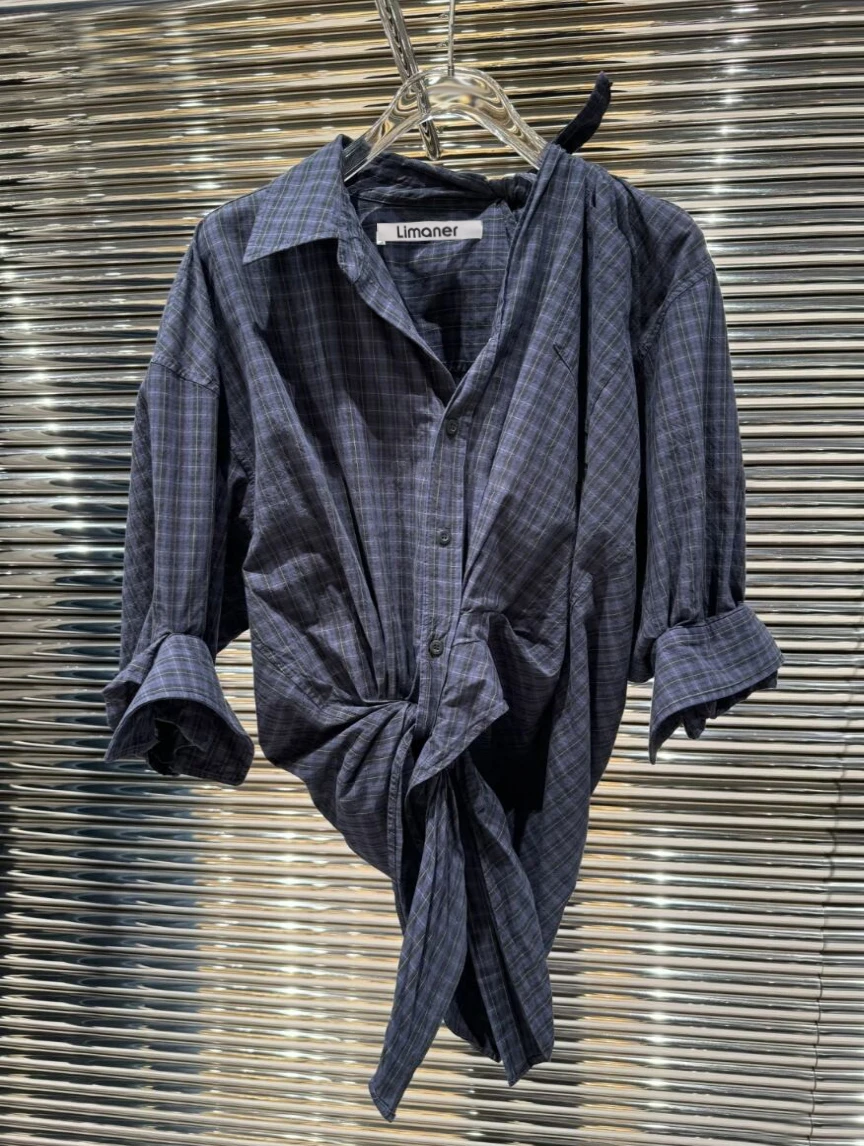 

LIMANER2025 Autumn New Sle Casual Plaid Five-Quarter Sve irt Women's Trendy Top Knot Tie Irregular Cotton irt