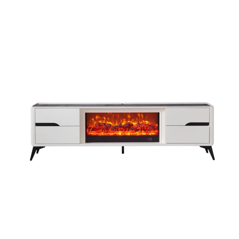 

2 meters white fireplace TV cabinet solid wood simulated fire decorative cabinet villa rock slab fireplace heating