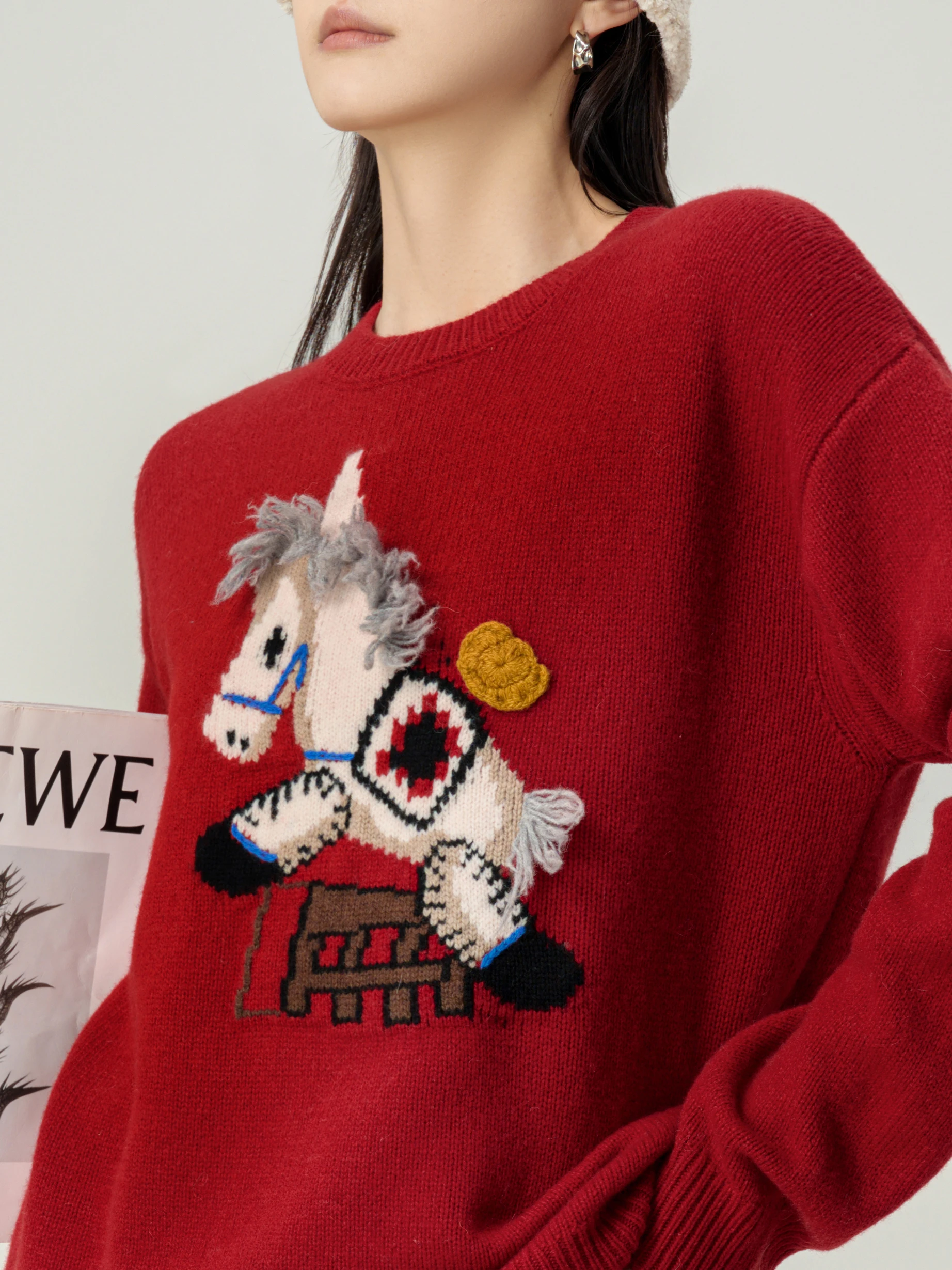 

Красный вязаный свитер с кисточками и ter-юбка, женский комплект Faion 2026, повседневная свободная зимняя одежда свободного покроя с животным узором на лучший год