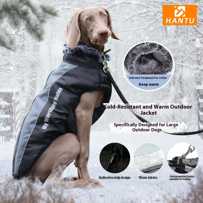 

Large Dog Winter Coat Reflective Windproof Thermal Insulated Jacket with Faux Fur Hood Warm Pet Apparel for Dogs