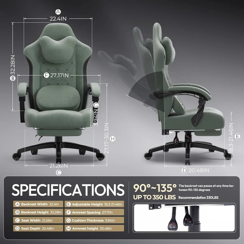 Big and Tall Fabric Gaming Chair for Adults, Heated Massage Lumbar Support and Built-in Footrest, Customized