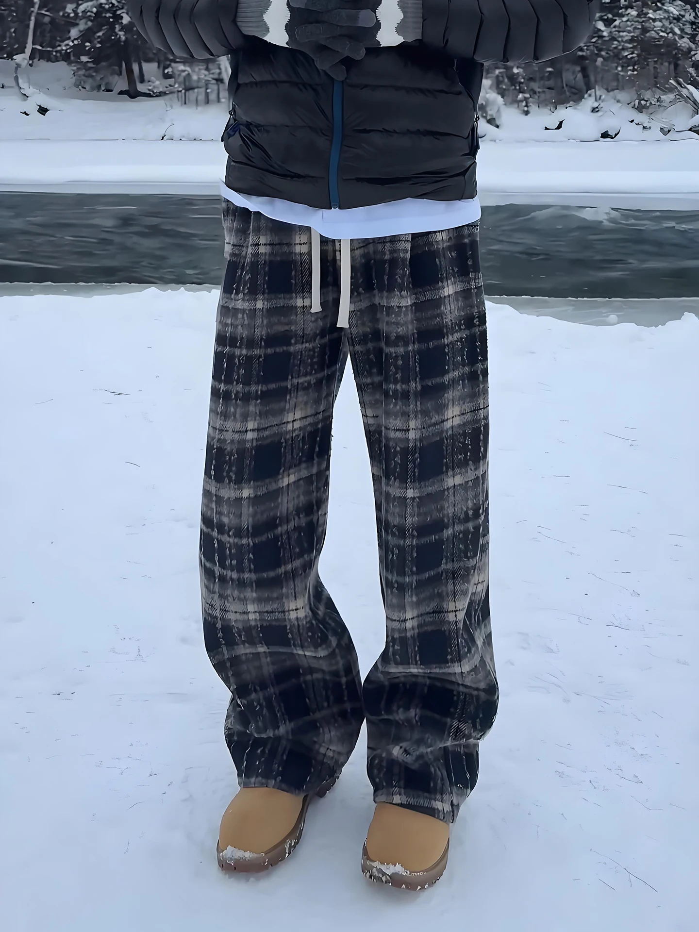 

Cleanfit Men's Plaid Fce Lined Trousers Winter Wool Straight Leg Sweatpants Drapey Spor Casual Long Pants