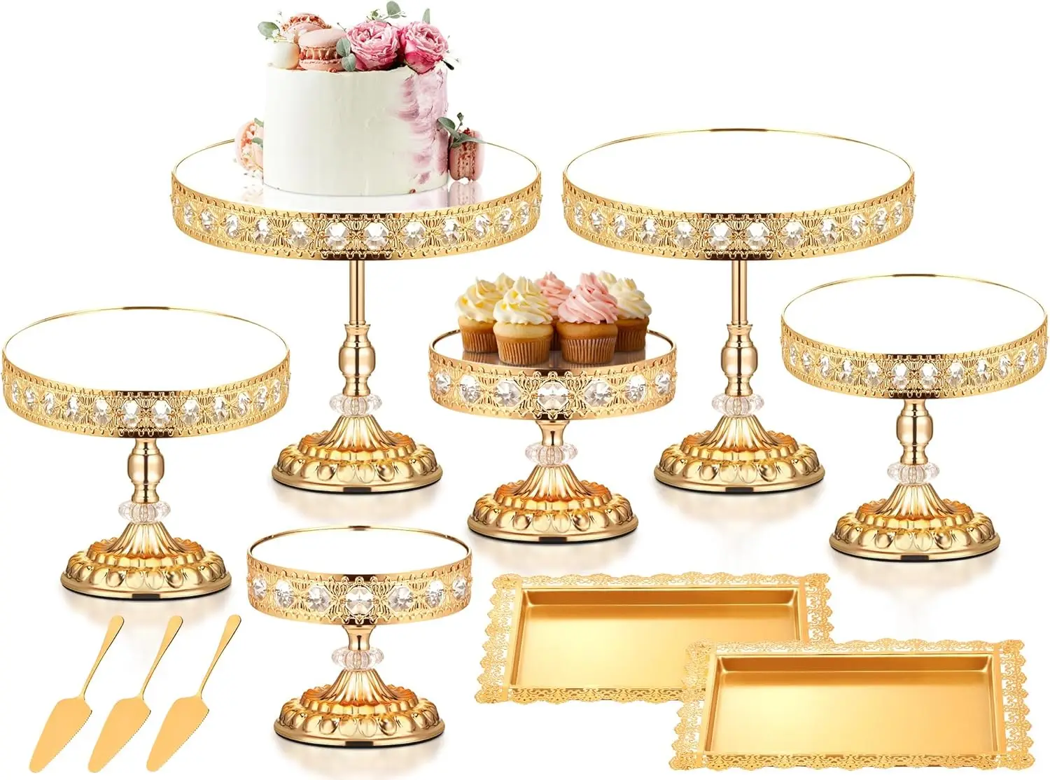 12 Pieces Gold Cake Stand Set Vintage Cake Display Stand with Crystal Edge and Cupcake Display Tray Dessert Table Display