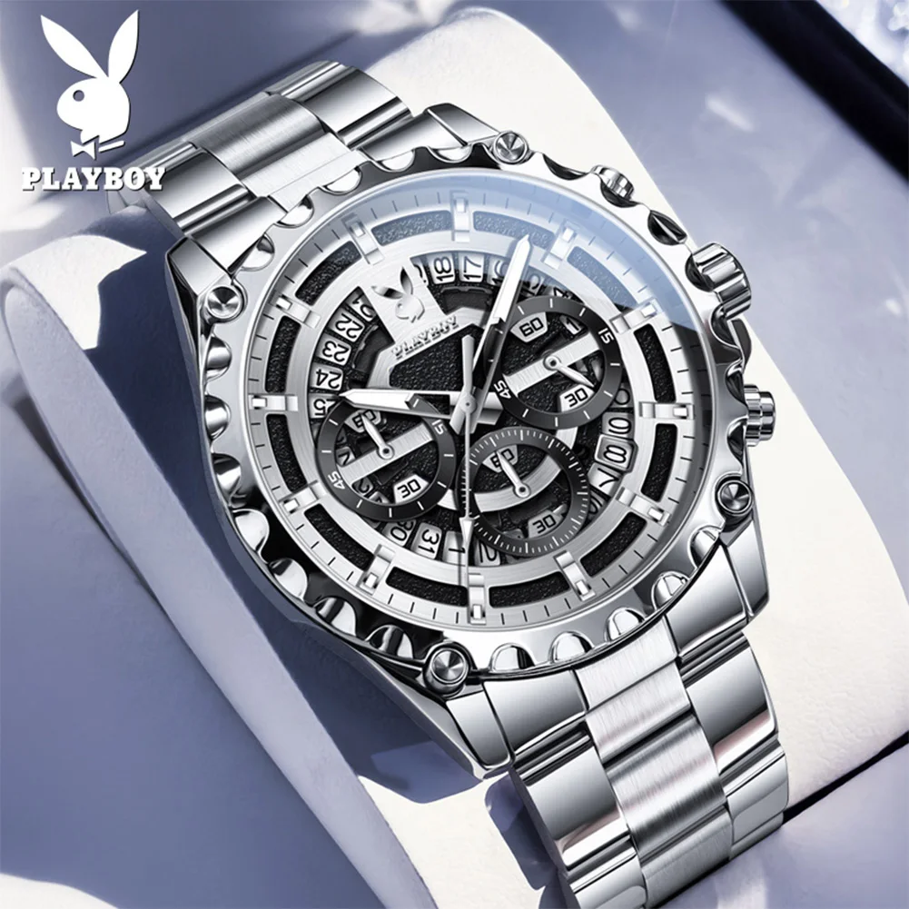 PLAYBOY Hollow Design Men's Watch Luxury Multi Function Quartz Wristwatch Waterproof Luminous Simple Fashion Watch for Man 3521