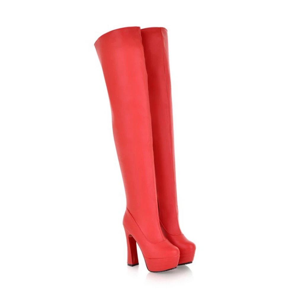 Women's PU Leather Thigh High Platform Boots Side Zipper Chunky Block Heel Over The Knee Fashion Boots Plus Size 32-52 M-916