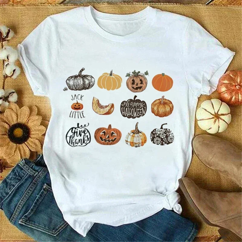 Women Pumpkin Coffee Spice New Autumn Fall Halloween Cartoon Thanksgiving Tops Regular Tees Graphic T-Shirt Tshirt Clothes.