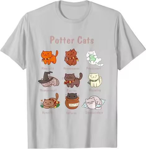 Potter Cats Graphic Tee Funny Feline Characters Cotton T-Shirt Gift for Cat Lovers
