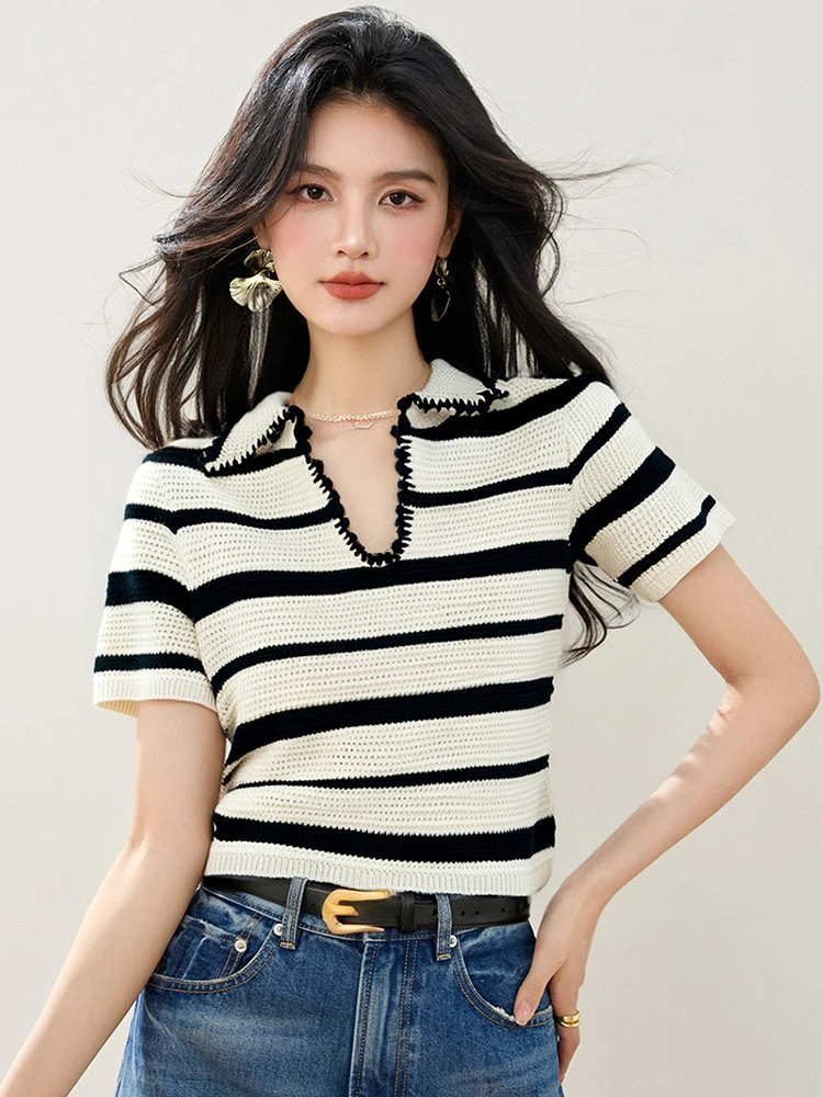 Zomer nieuwe Koreaanse gestreepte T-shirts met korte mouwen Trui Design Sense Niche Casual mode POLO Shirt Tee Office Lady Top