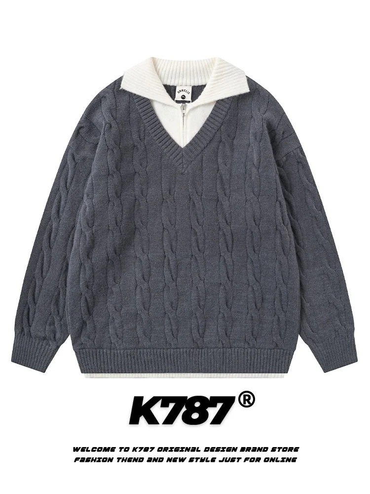 

Вязаный свитер K787 в американском ретро-стиле, свободный крой, винтажный, имитация двухслойности, универсальный, для пар, с длинными рукавами