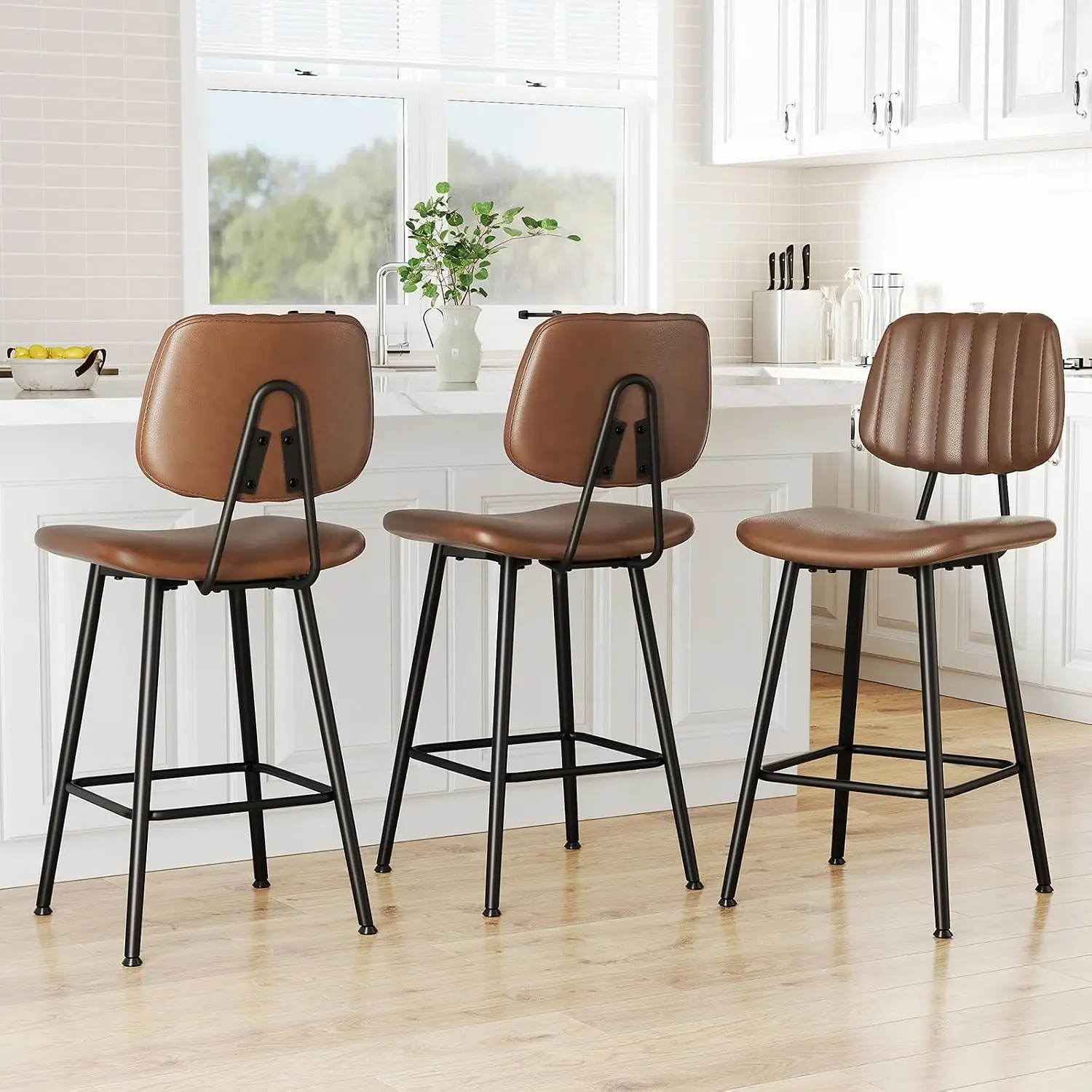 24-Inch Leather Bar Stools Set of 3 with High Backrest, Dark Brown | Faux Leather, Counter Height Barstools, Heavy Duty Metal