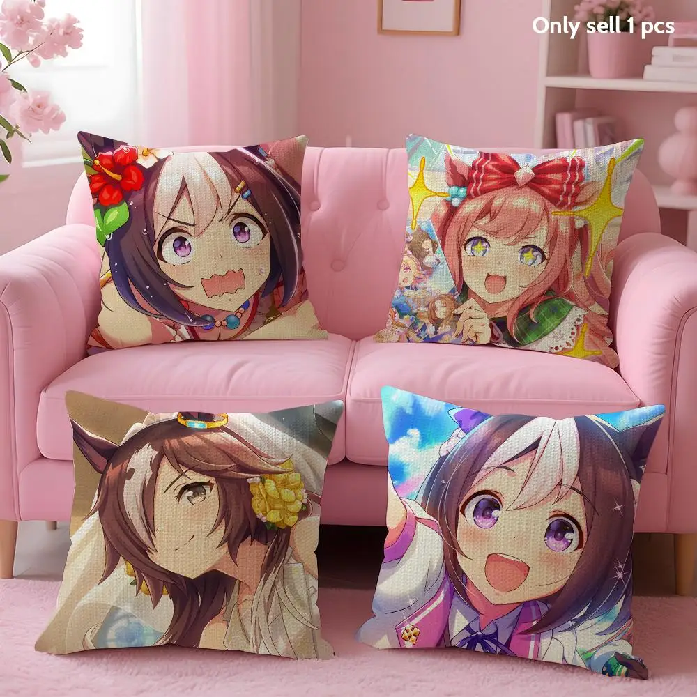 Anime U-Umamusume Pretty Derby Cushion Cover Natural Linen Organic Fabric Double-Sided Printing Sofa Home Decor Gift Pillow Case