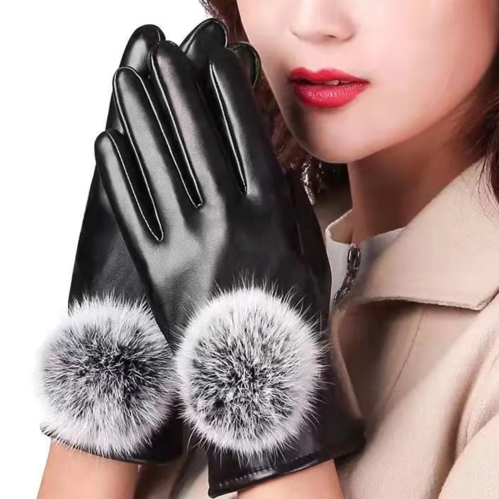 冬用プラスベルベット防風フェイクファーグローブ カシミアグローブ タッチスクリーンミトン PUレザー