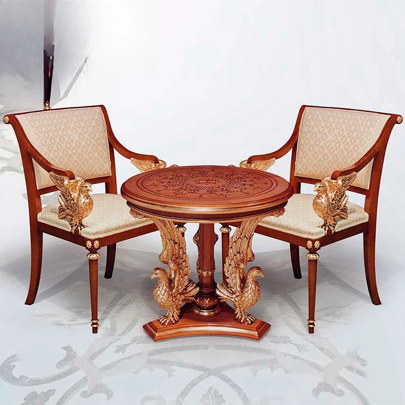 

European leisure chair coffee table three-piece set solid wood carving flower fabric image chair negotiation chair reception