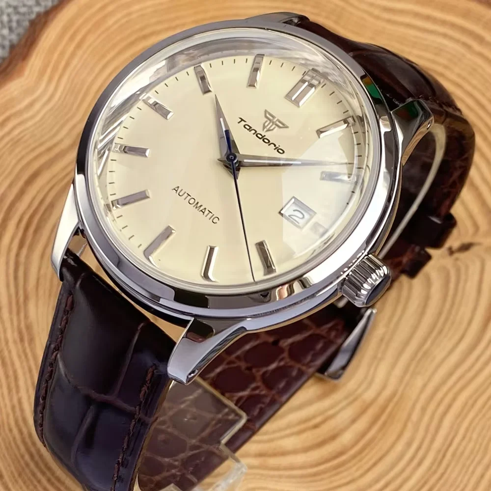 Tandorio 40mm Japanese NH35 Miyota Automatic 200M Dive Watch Men Beige Dial Bubble Sapphire Polished Case Glass Back Screw Crown