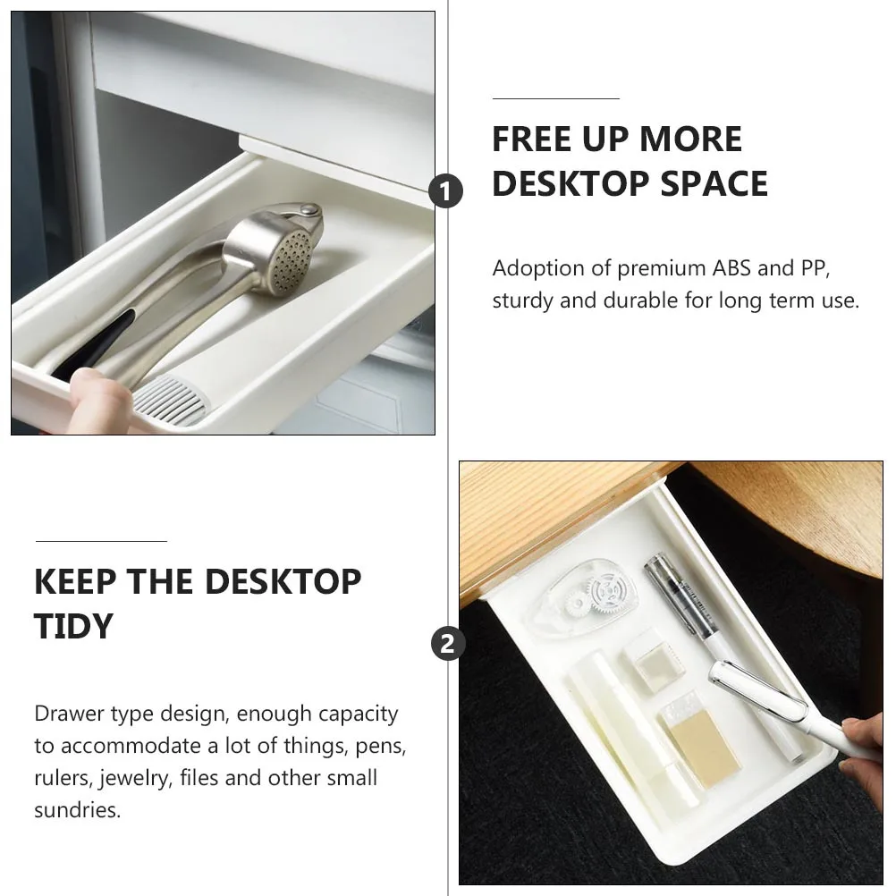 

2pcs Under Desk Drawer Organizer Box Sticky Mount Abs Pp Hidden Storage For Home Office School Pull Out Stationery Container