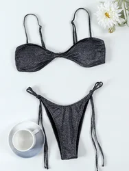 Miyouj New Two Piece Suit Solid Color Swimwear Shiny Swimsuit Women's Sexy Bikini Sets Push Up Beachwear Bandage Bathing Suits