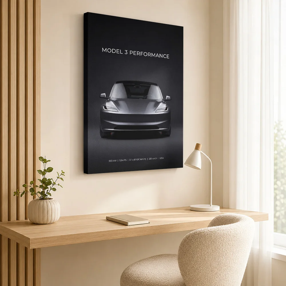 American Model 3 Performance Car Canvas Print Customized Photo Realistic Studio Illustration Wall Art For Auto Shop Reception