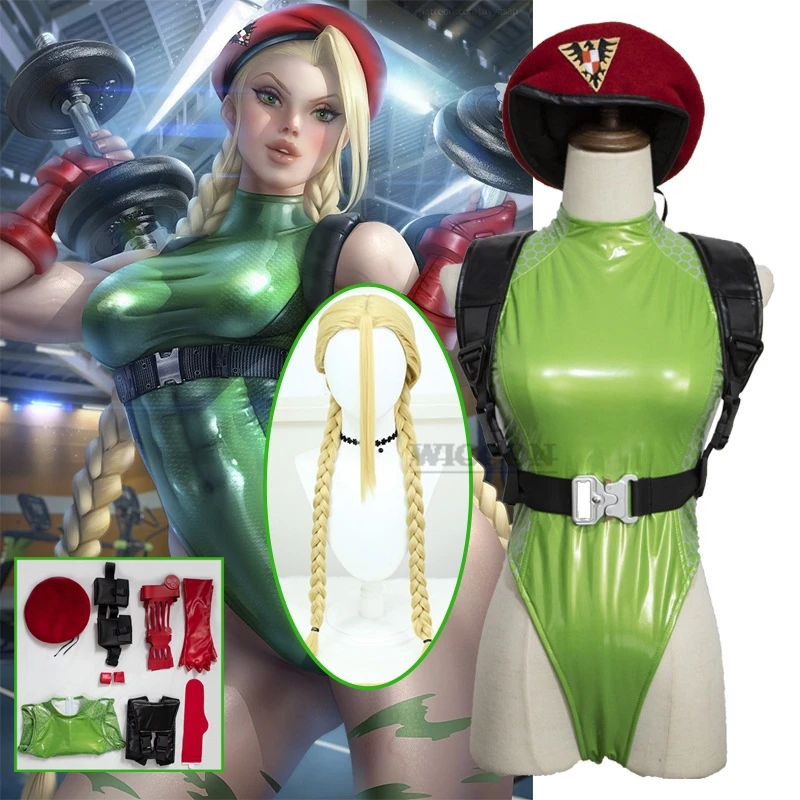 

Sexy Cammy Cosplay Costume Street Fighter V 6 5 Sexy Green Bodysuit Leather Latex White Halloween Wig jumpsuit hat suit roleplay