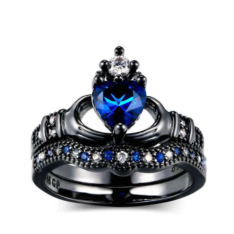

Double layered ring, women's hand-held blue heart-shaped crown jewelry, Halloween, Christmas, wedding jewelry