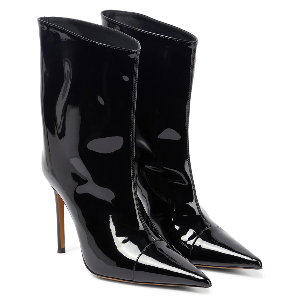 

Custom Black Patent Leather Pointed-Toe Ankle Boots Sleek Shiny Finish Elegant Stiletto Heel Women's Fashion Mid-Calf Boots