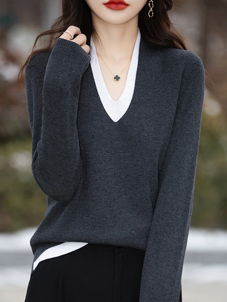 

Женский модный свитер оверсайз из трикотажа с V-образным вырезом, свободного кроя, в корейском стиле, для осени и зимы