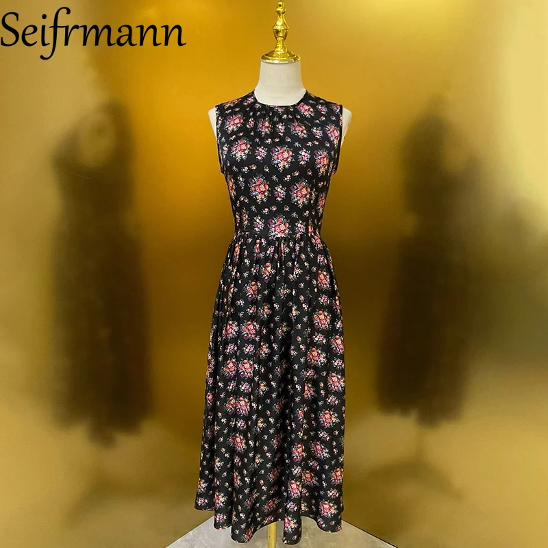 

Seifrmann 2026 Весеннее женское платье: Новинка, модное, с круглым вырезом, без рукавов, из шелка, с принтом, с завышенной талией