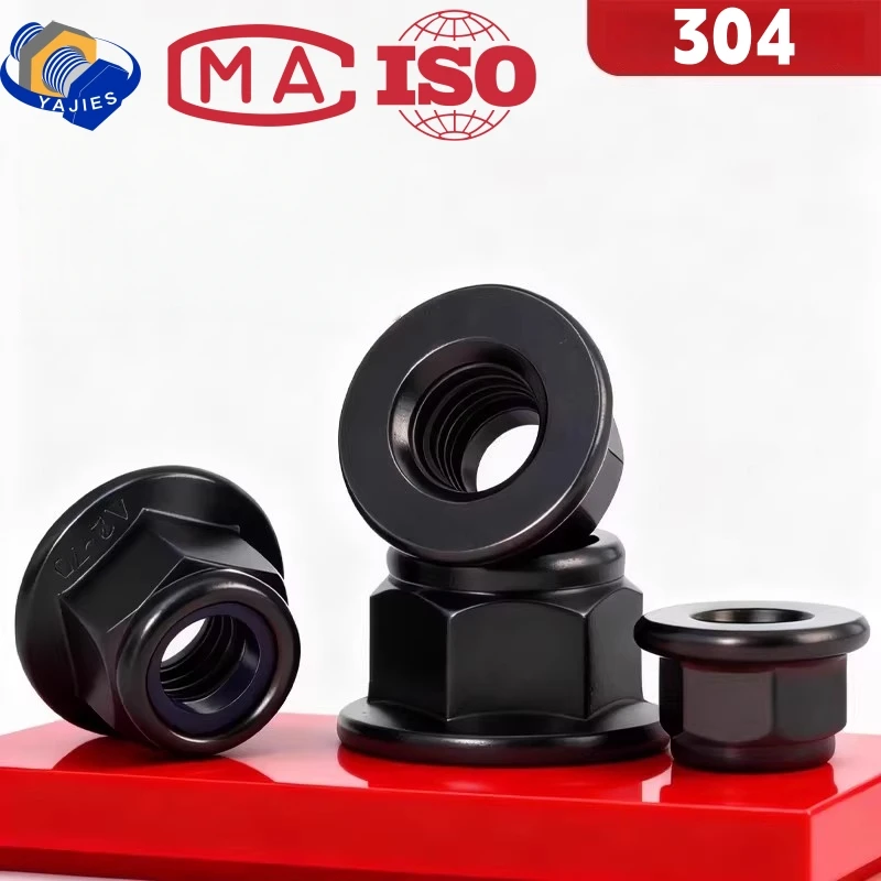 Porca de Travamento Sextavada com Flange DIN6926 em Aço Inoxidável 304 com Inserto de Nylon Preto M4 M5 M6 M8 M10 M12 Base Lisa Autotravante Pretificada