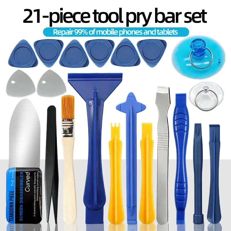 21Pcs Curved Screen Phone Repair Pry Bar Kit Mobile Tablet Disassembly Opening Tools Spudger Pry Tool Suction Cup Cleaning Brush