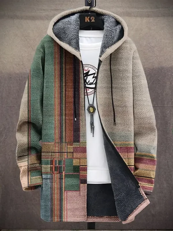 Men's Colorblock Plaid Geometric Art Print Hooded Trench Coat Hoodies Fleece Lined Sweater Coats