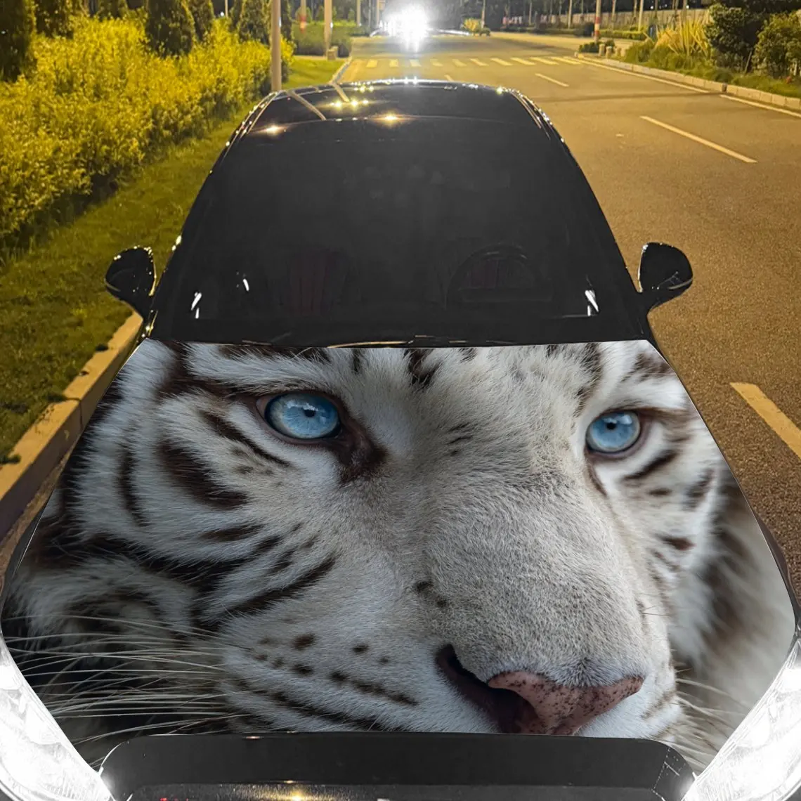 Car Decals A White Tiger Delivering Mesmerizing Blue Gaze And Textural Depth In A Bold, Close - Up Composition Car Hood Sticker,