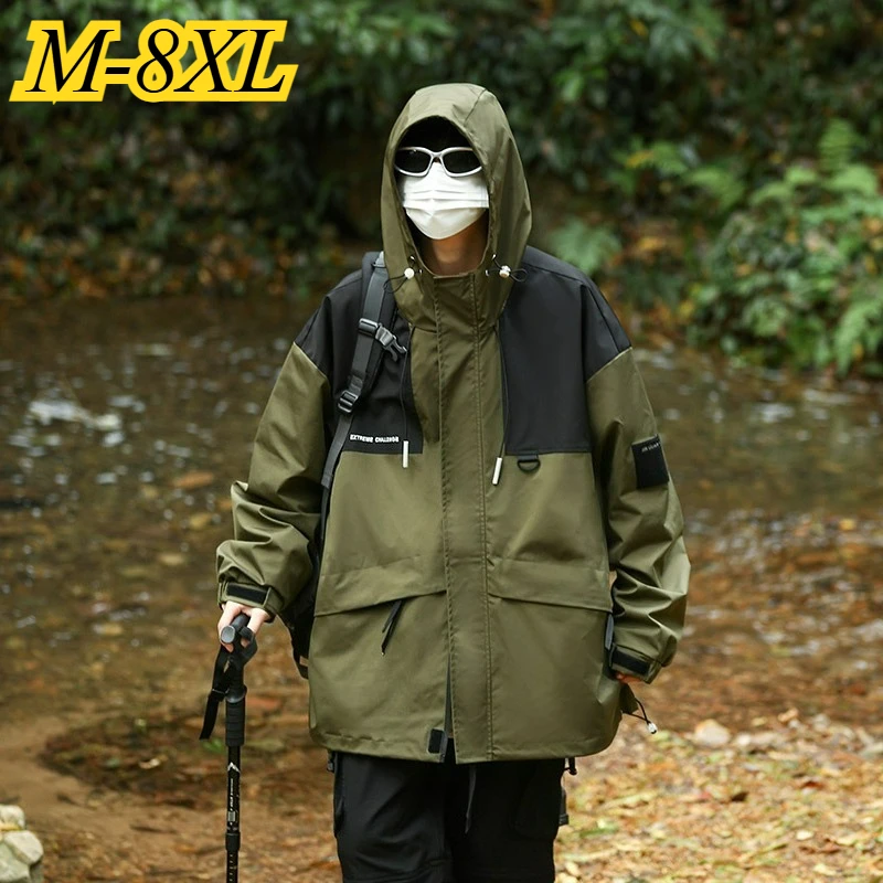 

Trendy Men Jacket Casual Hooded Outdoor Adventure Windproof Zipper Coat Plus Size Splicing Design Camping Durable Autumn Coats