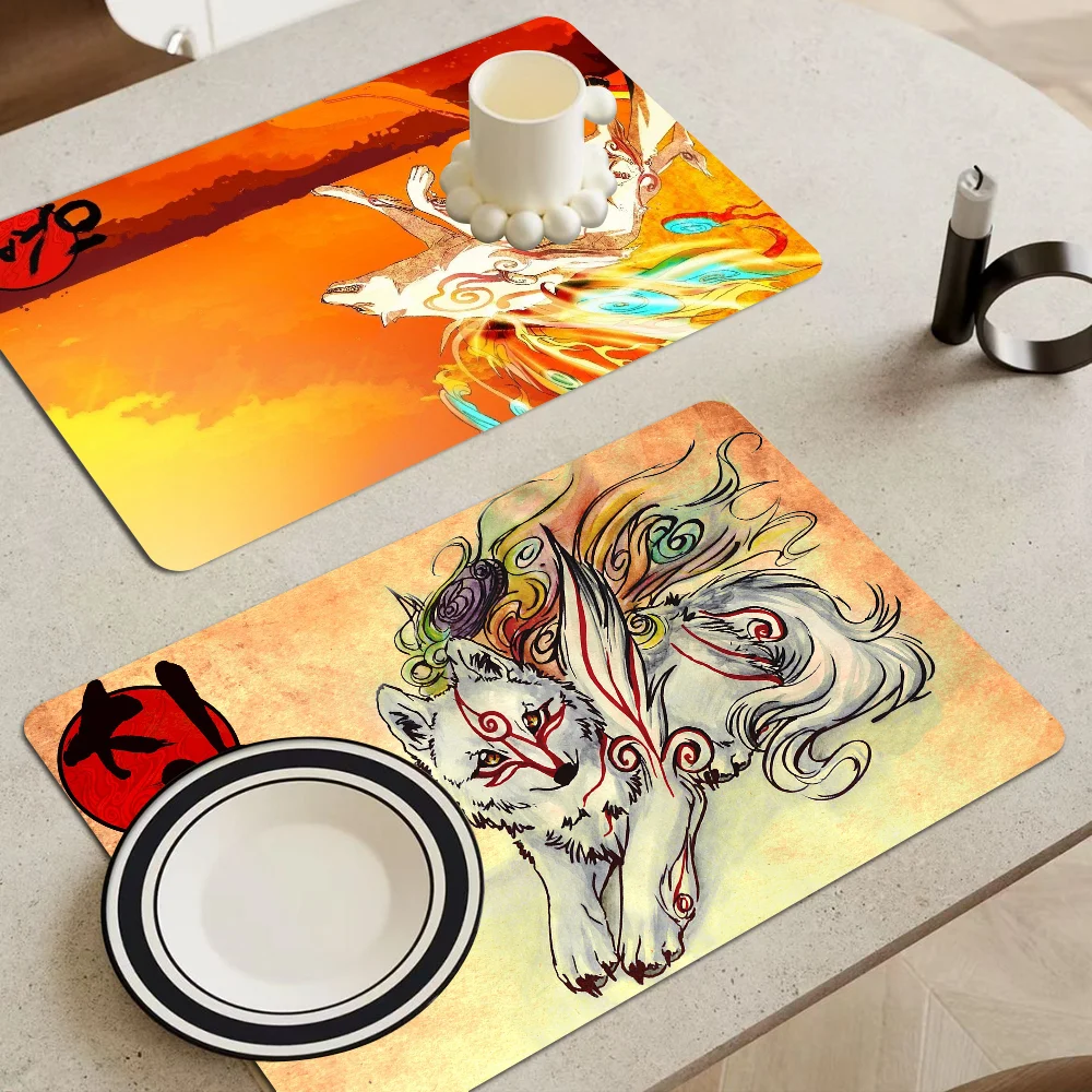 Video Game Okami Japanese Culture Absorbent Drain Mat Countertop Dry Mats Printed Coffee Machine Draining Pad Kitchen