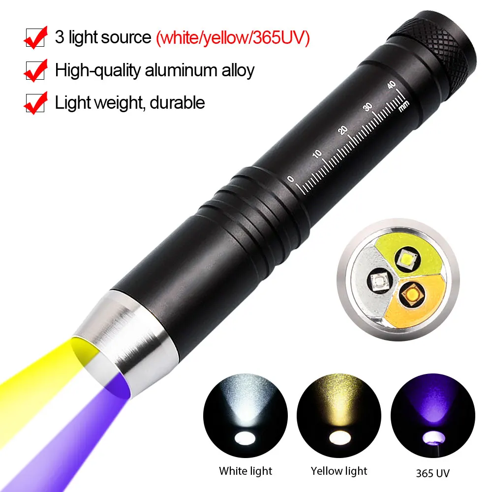 White light + yellow light + 365/395nm ultraviolet flashlight 3 color jade identification flashlight